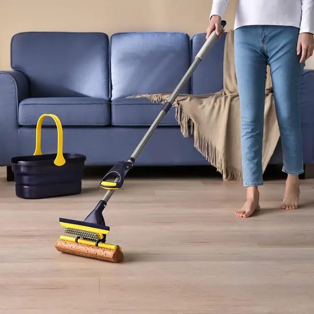 Alt view image 7 of 7 - Yocada Sponge Mop Home Commercial Use Tile Floor Bathroom Garage Cleaning Total 3 Sponge Heads Squeegee and Extendable Telescopic Long Handle 42.5 to 52 Inches Easily Dry Wringing Only 3 Heads