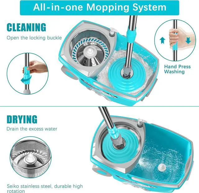 Alt view image 3 of 6 - FunClean Spin Mop and Bucket,Mop and Bucket with Wringer Set for Home,360 Spinning Mopping Floor Cleaning Tool with 4 Microfiber Replacement Head Refills,61" Extended Handle, 2X Wheel - Blue