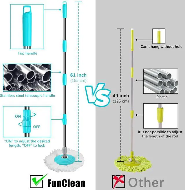 Alt view image 5 of 6 - FunClean Spin Mop and Bucket,Mop and Bucket with Wringer Set for Home,360 Spinning Mopping Floor Cleaning Tool with 4 Microfiber Replacement Head Refills,61" Extended Handle, 2X Wheel - Blue