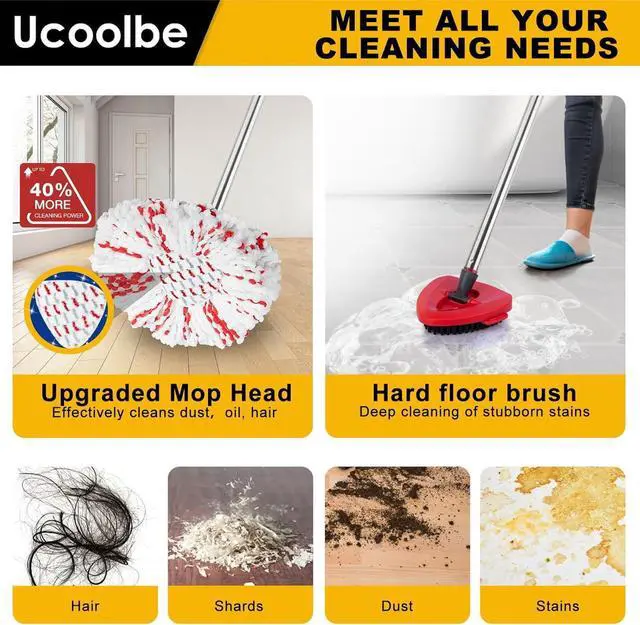 Alt view image 5 of 7 - Spin Mop Replace Head for O Cedar 1 Tank EasyWring, 40% More Cleaning Power, Upgraded Scrub Brush Mop Replacement Head for Ocedar, Include 4 Microfiber Mop Refills, 1 Mop Brush,1 Mop Handle,1 Mop Base