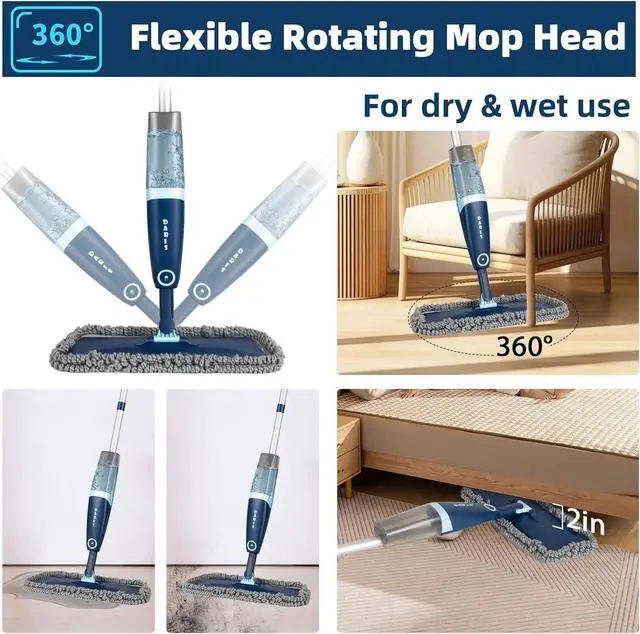 Alt view image 2 of 6 - DARIS Spray Mop for Floor Cleaning Microfiber Mop for Wet and Dry Use with 52.3in Long Pole, 20 FL.OZ. Large Capacity, 4 Reuseable Pads for Wall, Hardwood, Vinyl, Laminate, Ceramic, Tile Cleaning Tool