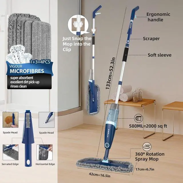 Alt view image 3 of 6 - DARIS Spray Mop for Floor Cleaning Microfiber Mop for Wet and Dry Use with 52.3in Long Pole, 20 FL.OZ. Large Capacity, 4 Reuseable Pads for Wall, Hardwood, Vinyl, Laminate, Ceramic, Tile Cleaning Tool