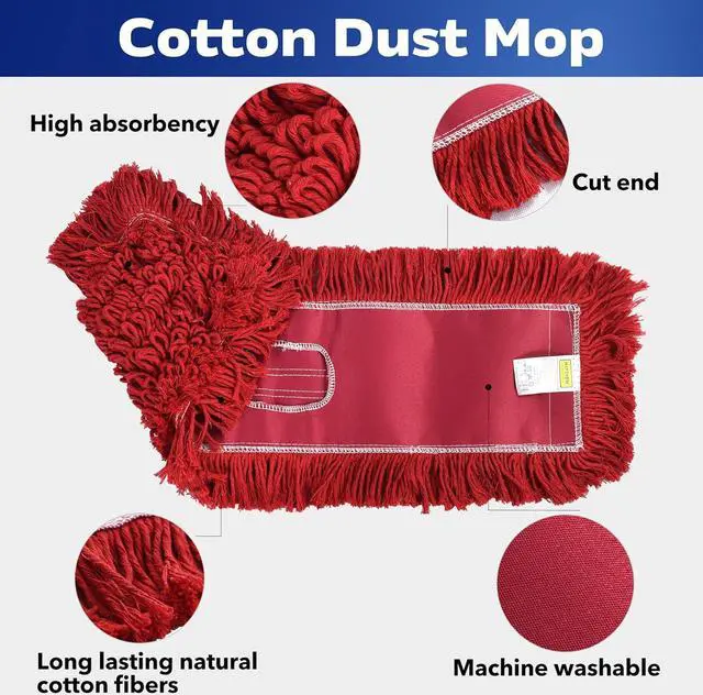 Alt view image 4 of 7 - Matthew Cleaning 24'' Industrial Strength Cotton Dust Mop Refill Washable Replacement Heads for Residential & Commercial Use Fit Standard Dust Mop Frames, Hardwood,Concrete Floors Red 3 Pack