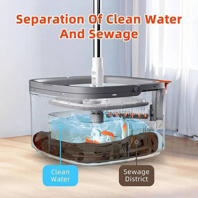 Alt view image 5 of 7 - KZKR M16 Spin Mop and Bucket Set with Self Separation M16 Dirty and Clean Water System Self Wringing 360° Rotating Square Mop-Head for Hardwood Tile Marble Floors (Grey) (Mop and Bucket Set (2 Pads))