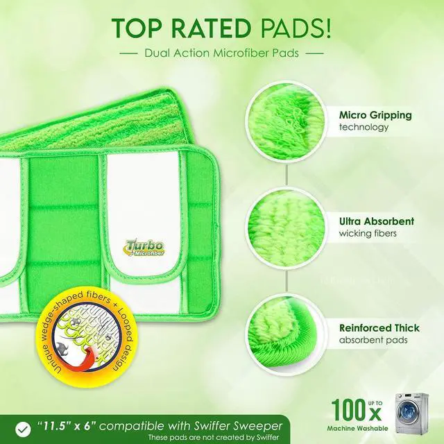 Alt view image 4 of 6 - Reusable Pads Compatible with Swiffer Sweeper Mops - Washable Microfiber Mop Pad Refills by Turbo - 12 Inch Floor Cleaning Mop Head Pads Work Wet and Dry - 2 Pack
