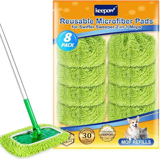 Main image of KEEPOW Reusable Microfiber Mop Pads Compatible with Swiffer Sweeper Mop, Dry Sweeping Cloths, Washable Wet Mopping Cloth Refills for Surface/Hardwood Floor Cleaning, 8 Pack (Mop is Not Included)