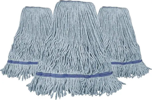 Main image of Heavy Duty Blue Commercial Mop Head Replacement. Looped End Synthetic Cotton Blend Mop Refill. Industrial Grade Reusable Washable Wet Mop Heads. Durable Wide Universal Headband. 3 Pack