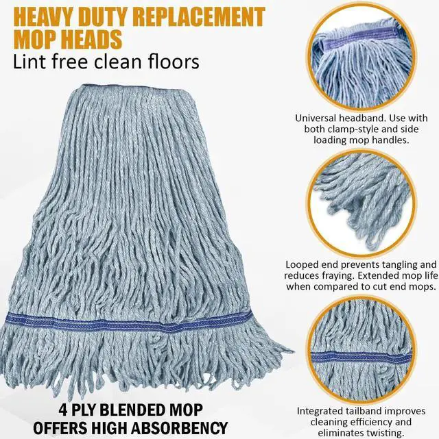 Alt view image 2 of 7 - Heavy Duty Blue Commercial Mop Head Replacement. Looped End Synthetic Cotton Blend Mop Refill. Industrial Grade Reusable Washable Wet Mop Heads. Durable Wide Universal Headband. 3 Pack