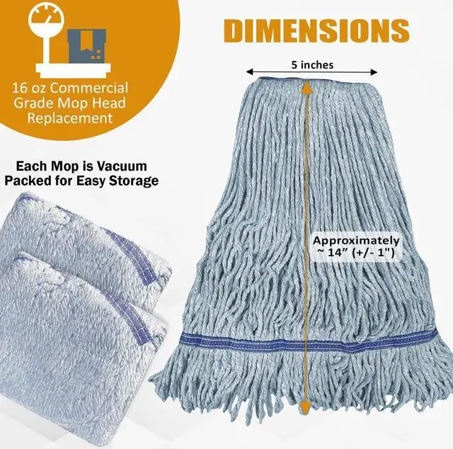 Alt view image 7 of 7 - Heavy Duty Blue Commercial Mop Head Replacement. Looped End Synthetic Cotton Blend Mop Refill. Industrial Grade Reusable Washable Wet Mop Heads. Durable Wide Universal Headband. 3 Pack