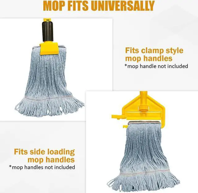 Alt view image 5 of 7 - Heavy Duty Blue Commercial Mop Head Replacement. Looped End Synthetic Cotton Blend Mop Refill. Industrial Grade Reusable Washable Wet Mop Heads. Durable Wide Universal Headband. 3 Pack