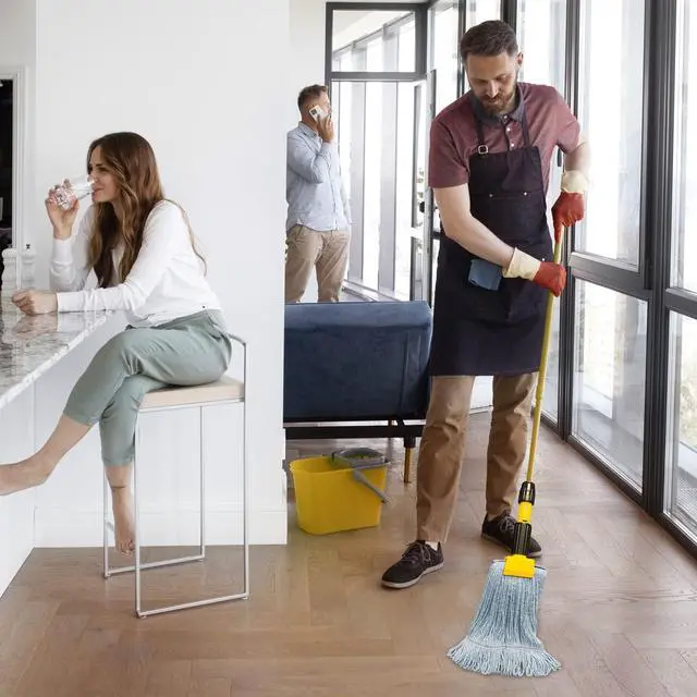 Alt view image 6 of 7 - Heavy Duty Blue Commercial Mop Head Replacement. Looped End Synthetic Cotton Blend Mop Refill. Industrial Grade Reusable Washable Wet Mop Heads. Durable Wide Universal Headband. 3 Pack