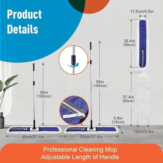 Alt view image 5 of 7 - 36" Commercial Dust Mops & Floor Sweeper with 59" Extendable Long Handle, Heavy Duty Wet and Dry Mop for Tile Hardwood Floor Cleaning, Fit for Hotel Hospital School Gym