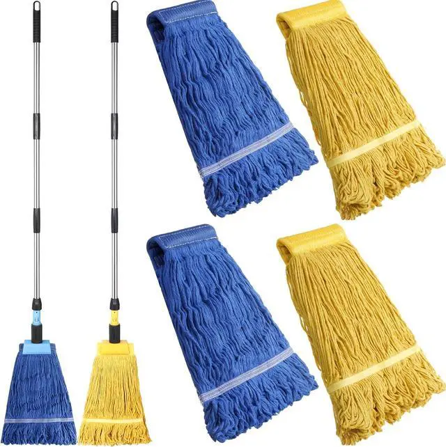 Main image of Gejoy 2 Sets Looped End Commercial Mop Heavy Duty Industrial Mop with 4 Mop Replacement Heads, Stainless Steel Pole, Iron Clamp Cotton Mops for Floor Cleaning, Dust, Wood Floor, Kitchen, Blue, Yellow