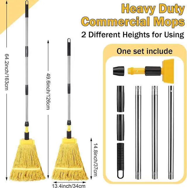Alt view image 2 of 7 - Gejoy 2 Sets Looped End Commercial Mop Heavy Duty Industrial Mop with 4 Mop Replacement Heads, Stainless Steel Pole, Iron Clamp Cotton Mops for Floor Cleaning, Dust, Wood Floor, Kitchen, Blue, Yellow