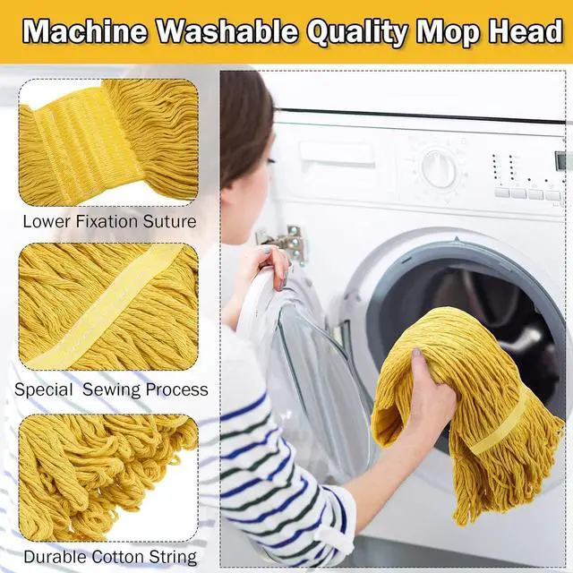 Alt view image 5 of 7 - Gejoy 2 Sets Looped End Commercial Mop Heavy Duty Industrial Mop with 4 Mop Replacement Heads, Stainless Steel Pole, Iron Clamp Cotton Mops for Floor Cleaning, Dust, Wood Floor, Kitchen, Blue, Yellow