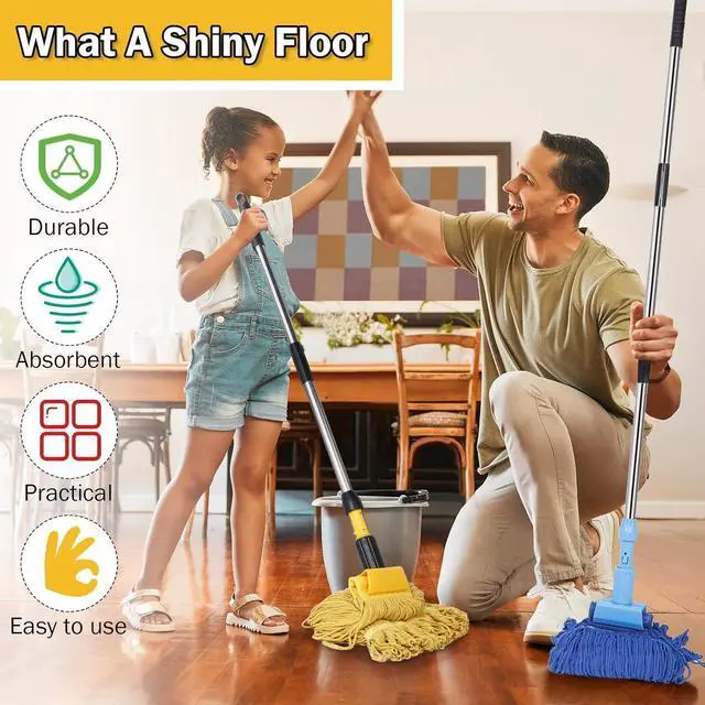 Alt view image 6 of 7 - Gejoy 2 Sets Looped End Commercial Mop Heavy Duty Industrial Mop with 4 Mop Replacement Heads, Stainless Steel Pole, Iron Clamp Cotton Mops for Floor Cleaning, Dust, Wood Floor, Kitchen, Blue, Yellow