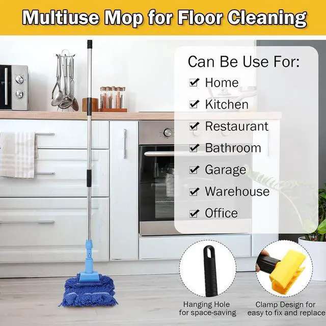 Alt view image 7 of 7 - Gejoy 2 Sets Looped End Commercial Mop Heavy Duty Industrial Mop with 4 Mop Replacement Heads, Stainless Steel Pole, Iron Clamp Cotton Mops for Floor Cleaning, Dust, Wood Floor, Kitchen, Blue, Yellow