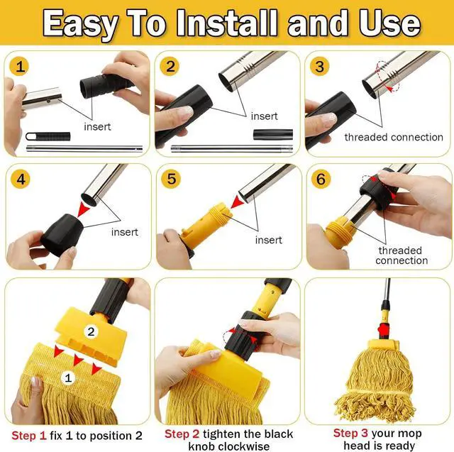Alt view image 3 of 7 - Gejoy 2 Sets Looped End Commercial Mop Heavy Duty Industrial Mop with 4 Mop Replacement Heads, Stainless Steel Pole, Iron Clamp Cotton Mops for Floor Cleaning, Dust, Wood Floor, Kitchen, Blue, Yellow