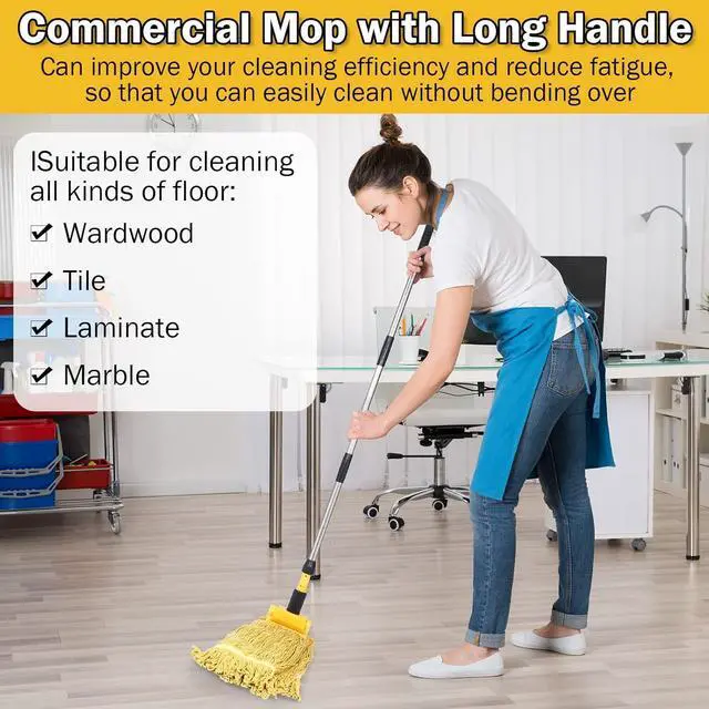 Alt view image 4 of 7 - Gejoy 2 Sets Looped End Commercial Mop Heavy Duty Industrial Mop with 4 Mop Replacement Heads, Stainless Steel Pole, Iron Clamp Cotton Mops for Floor Cleaning, Dust, Wood Floor, Kitchen, Blue, Yellow