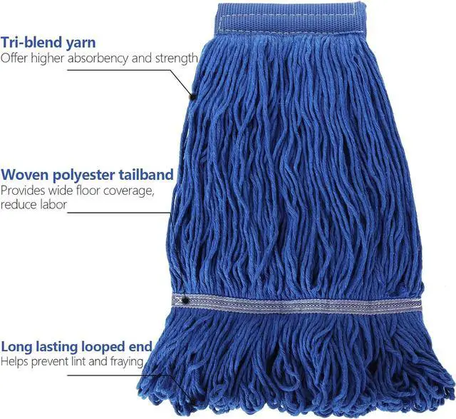 Alt view image 5 of 7 - 4Pcs Commercial String Mop Head, Loop-End Mop Head Replacement, Heavy Duty Mop Head Refills, 6 Inch Headband, Cotton Looped End Wet Cleaning Mop Refill for Home, Industrial and Commercial Use (Blue)