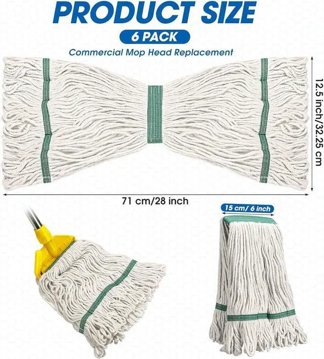 Alt view image 2 of 7 - 6 Pack Heavy Loop End Cotton String Mop Head Heavy Duty Mop Head Commercial Refills Mop Head Replacement for Home Industrial Commercial Cleaning (White, Green)
