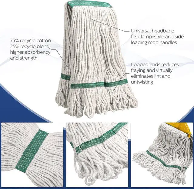 Alt view image 3 of 7 - 6 Pack Heavy Loop End Cotton String Mop Head Heavy Duty Mop Head Commercial Refills Mop Head Replacement for Home Industrial Commercial Cleaning (White, Green)