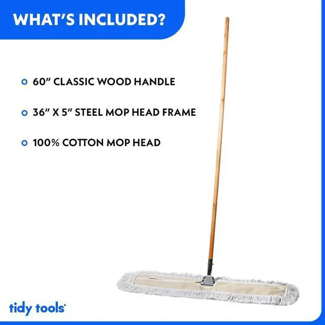 Alt view image 3 of 7 - Commercial Dust Mop & Floor Sweeper, 36 in. Dust Mop for Hardwood Floors, Cotton Reusable Dust Mop Head, Wooden Broom Handle, Industrial Dry Mop for Floor Cleaning & Janitorial Supplies