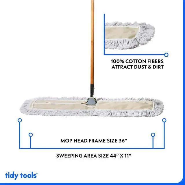 Alt view image 5 of 7 - Commercial Dust Mop & Floor Sweeper, 36 in. Dust Mop for Hardwood Floors, Cotton Reusable Dust Mop Head, Wooden Broom Handle, Industrial Dry Mop for Floor Cleaning & Janitorial Supplies
