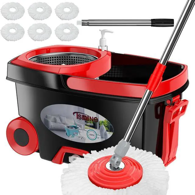 Main image of FunClean Spin Mop and Bucket,Mop and Bucket with Wringer Set for Home,360 Spinning Mopping Floor Cleaning Tool with 6 Microfiber Replacement Head Refills,61" Extended Handle, 2X Wheel - Black