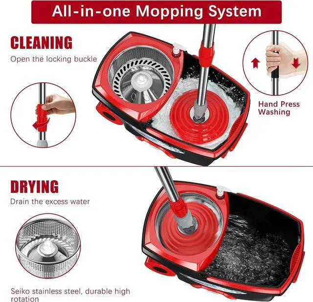 Alt view image 3 of 6 - FunClean Spin Mop and Bucket,Mop and Bucket with Wringer Set for Home,360 Spinning Mopping Floor Cleaning Tool with 6 Microfiber Replacement Head Refills,61" Extended Handle, 2X Wheel - Black