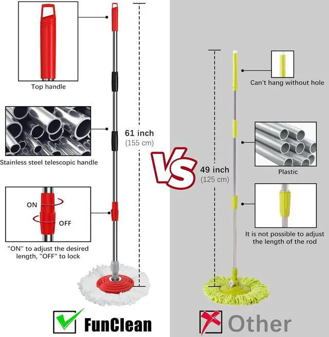 Alt view image 5 of 6 - FunClean Spin Mop and Bucket,Mop and Bucket with Wringer Set for Home,360 Spinning Mopping Floor Cleaning Tool with 6 Microfiber Replacement Head Refills,61" Extended Handle, 2X Wheel - Black