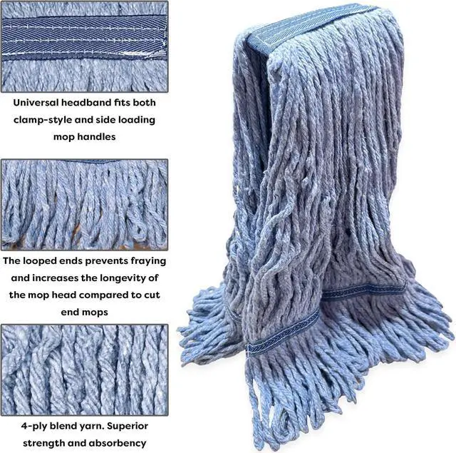 Alt view image 2 of 7 - Blue Commercial Mop Head Replacement. Looped End Prevents Tangling and Twisting. Industrial Mop Heads. Synthetic Cotton Blend for Maximum Absorption. Wide Universal Headband. 3 Pack