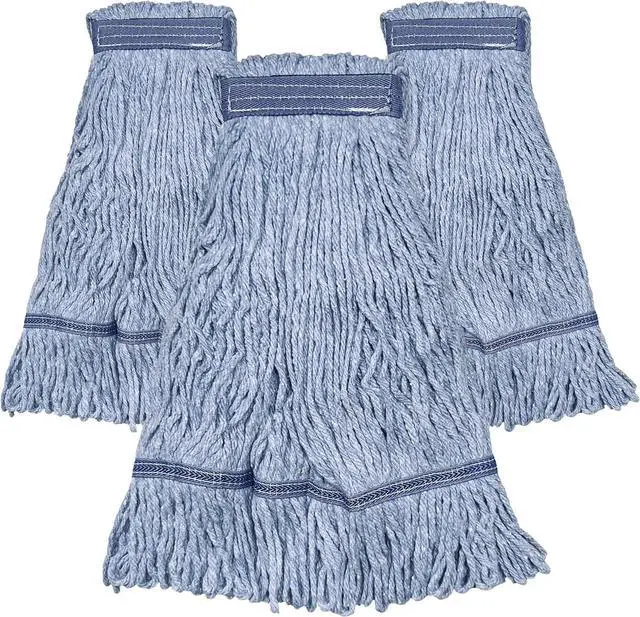 Main image of Blue Commercial Mop Head Replacement. Looped End Prevents Tangling and Twisting. Industrial Mop Heads. Synthetic Cotton Blend for Maximum Absorption. Wide Universal Headband. 3 Pack