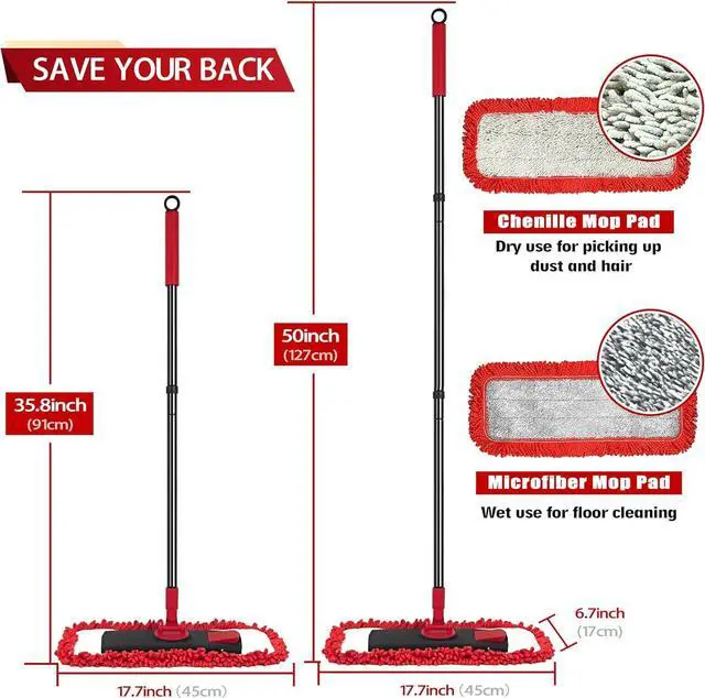 Alt view image 5 of 6 - JEHONN Floor Mop Dry Wet Flat Dust Mops with Microfiber & Chenille Pads for Hard Wood Laminate Tile Vinyl Kitchen Bathroom Home