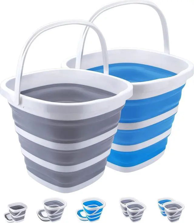 Main image of 2 Pack Collapsible Buckets 10L 2.6 Gallon Cleaning Bucket Mop Bucket Folding Foldable Portable Small Plastic Water Supplies for Outdoor Garden Camping Fishing Car Wash Space Saving Square Grey Blue