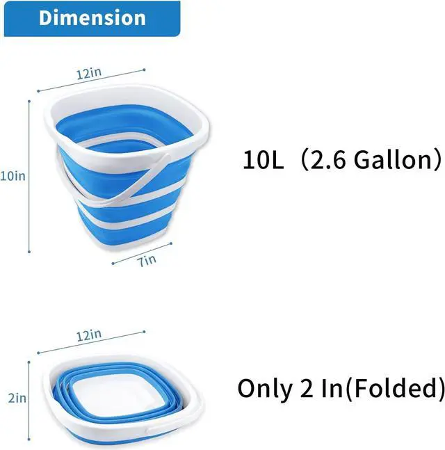 Alt view image 2 of 7 - 2 Pack Collapsible Buckets 10L 2.6 Gallon Cleaning Bucket Mop Bucket Folding Foldable Portable Small Plastic Water Supplies for Outdoor Garden Camping Fishing Car Wash Space Saving Square Grey Blue