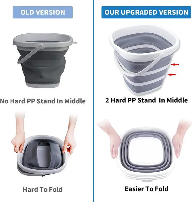Alt view image 3 of 7 - 2 Pack Collapsible Buckets 10L 2.6 Gallon Cleaning Bucket Mop Bucket Folding Foldable Portable Small Plastic Water Supplies for Outdoor Garden Camping Fishing Car Wash Space Saving Square Grey Blue