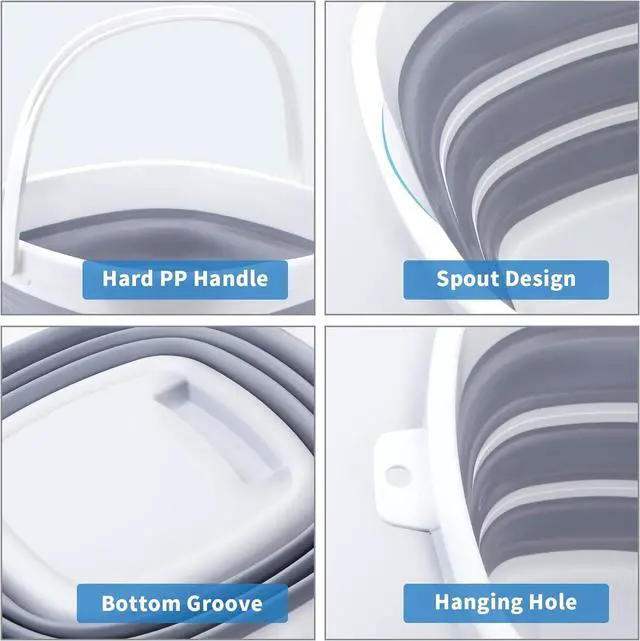 Alt view image 4 of 7 - 2 Pack Collapsible Buckets 10L 2.6 Gallon Cleaning Bucket Mop Bucket Folding Foldable Portable Small Plastic Water Supplies for Outdoor Garden Camping Fishing Car Wash Space Saving Square Grey Blue