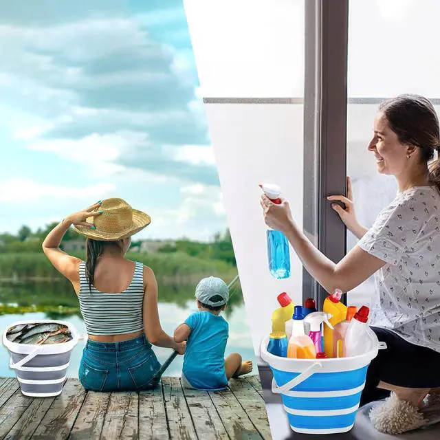 Alt view image 6 of 7 - 2 Pack Collapsible Buckets 10L 2.6 Gallon Cleaning Bucket Mop Bucket Folding Foldable Portable Small Plastic Water Supplies for Outdoor Garden Camping Fishing Car Wash Space Saving Square Grey Blue