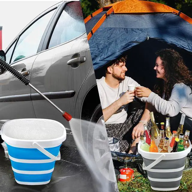 Alt view image 7 of 7 - 2 Pack Collapsible Buckets 10L 2.6 Gallon Cleaning Bucket Mop Bucket Folding Foldable Portable Small Plastic Water Supplies for Outdoor Garden Camping Fishing Car Wash Space Saving Square Grey Blue