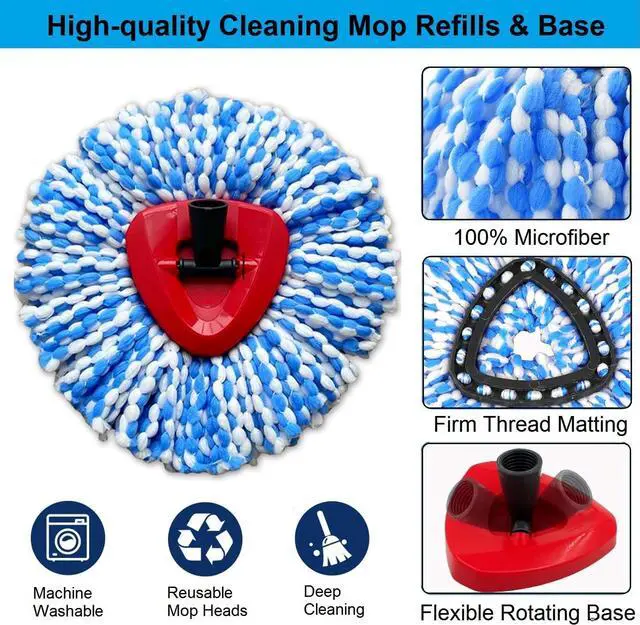 Alt view image 3 of 6 - 3 Pack Spin Mop Replacement Heads Compatible with O Cedar RinseClean 2-Tank System, Microfiber Spin Mop Refills Replace Heads, Deep Cleaning, Machine Washable, Includes 1 Mop Base (Blue)
