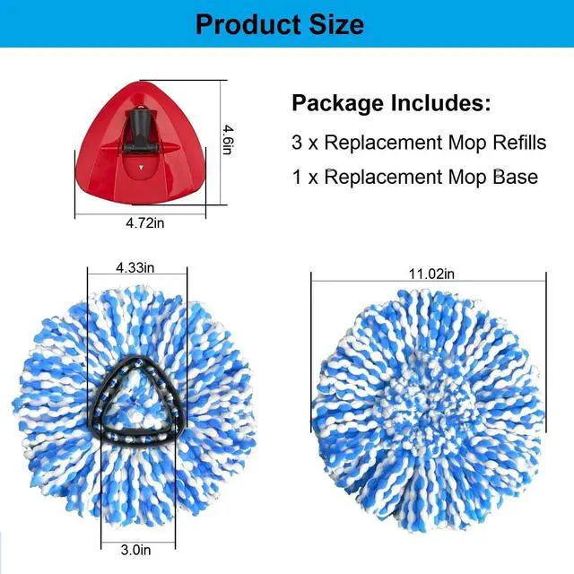 Alt view image 6 of 6 - 3 Pack Spin Mop Replacement Heads Compatible with O Cedar RinseClean 2-Tank System, Microfiber Spin Mop Refills Replace Heads, Deep Cleaning, Machine Washable, Includes 1 Mop Base (Blue)