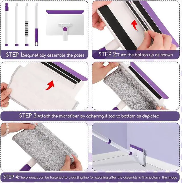 Alt view image 6 of 7 - Baseboard Cleaner Tool with Handle, 60" Extendable Long Handle Baseboard Cleaner with 5 Reusable Pads for Baseboards Cleaning, Ceiling, Wall, Floor, Bathroom Kitchen