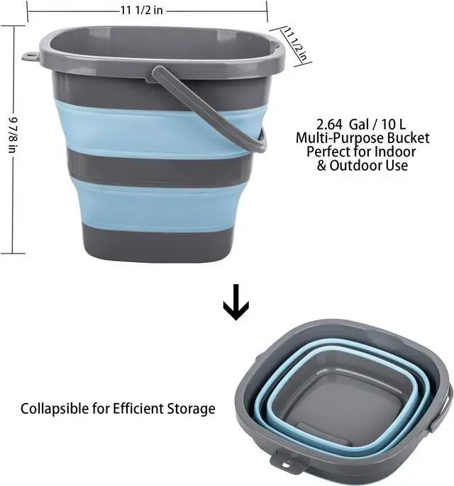 Alt view image 2 of 7 - 2 Pack Collapsible Plastic Bucket with 2.6 Gallon (10L) Each, Foldable Rectangular Tub for House Cleaning, Space Saving Outdoor Waterpot for Garden or Camping, Portable Fishing Water Pail