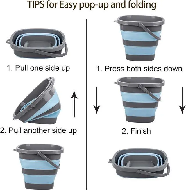 Alt view image 5 of 7 - 2 Pack Collapsible Plastic Bucket with 2.6 Gallon (10L) Each, Foldable Rectangular Tub for House Cleaning, Space Saving Outdoor Waterpot for Garden or Camping, Portable Fishing Water Pail