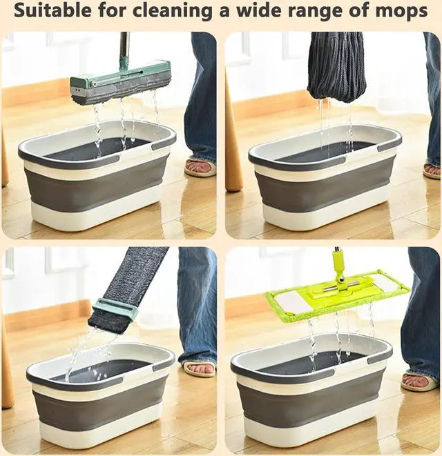 Alt view image 3 of 6 - Collapsible Bucket with Wheels 14L (3.7 Gallon) - Versatile and Durable for House Cleaning, Camping, and RV - Convenient Rectangular Mop Cleaning Basket - Lightweight & Compact (14L-Grey)