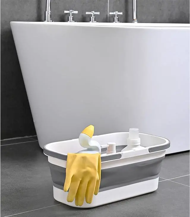 Alt view image 4 of 6 - Collapsible Bucket with Wheels 14L (3.7 Gallon) - Versatile and Durable for House Cleaning, Camping, and RV - Convenient Rectangular Mop Cleaning Basket - Lightweight & Compact (14L-Grey)