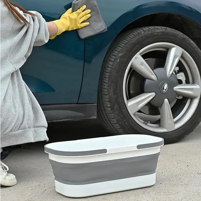 Alt view image 5 of 6 - Collapsible Bucket with Wheels 14L (3.7 Gallon) - Versatile and Durable for House Cleaning, Camping, and RV - Convenient Rectangular Mop Cleaning Basket - Lightweight & Compact (14L-Grey)