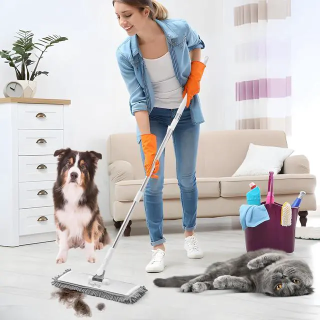 Alt view image 4 of 7 - True & Tidy® Heavy Duty Wet and Dry Pet Sweeper Dust Mop, Includes 1 Microfiber and 1 Chenille Pad, Aluminum Mop Head, for All Types of Floors, for Cleaning Pet Hair
