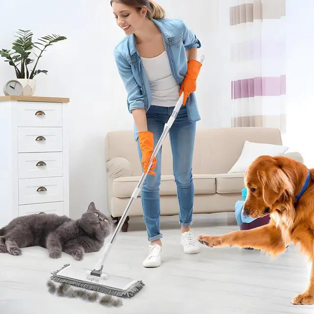 Alt view image 7 of 7 - True & Tidy® Heavy Duty Wet and Dry Pet Sweeper Dust Mop, Includes 1 Microfiber and 1 Chenille Pad, Aluminum Mop Head, for All Types of Floors, for Cleaning Pet Hair
